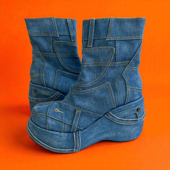 JEFFREY CAMPBELL Yasmin Denim Platform Zip Boots Size 8 - Picture 1 of 11
